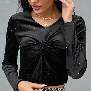 NWOT V-Neck Twist Front Glitter Velvet Top